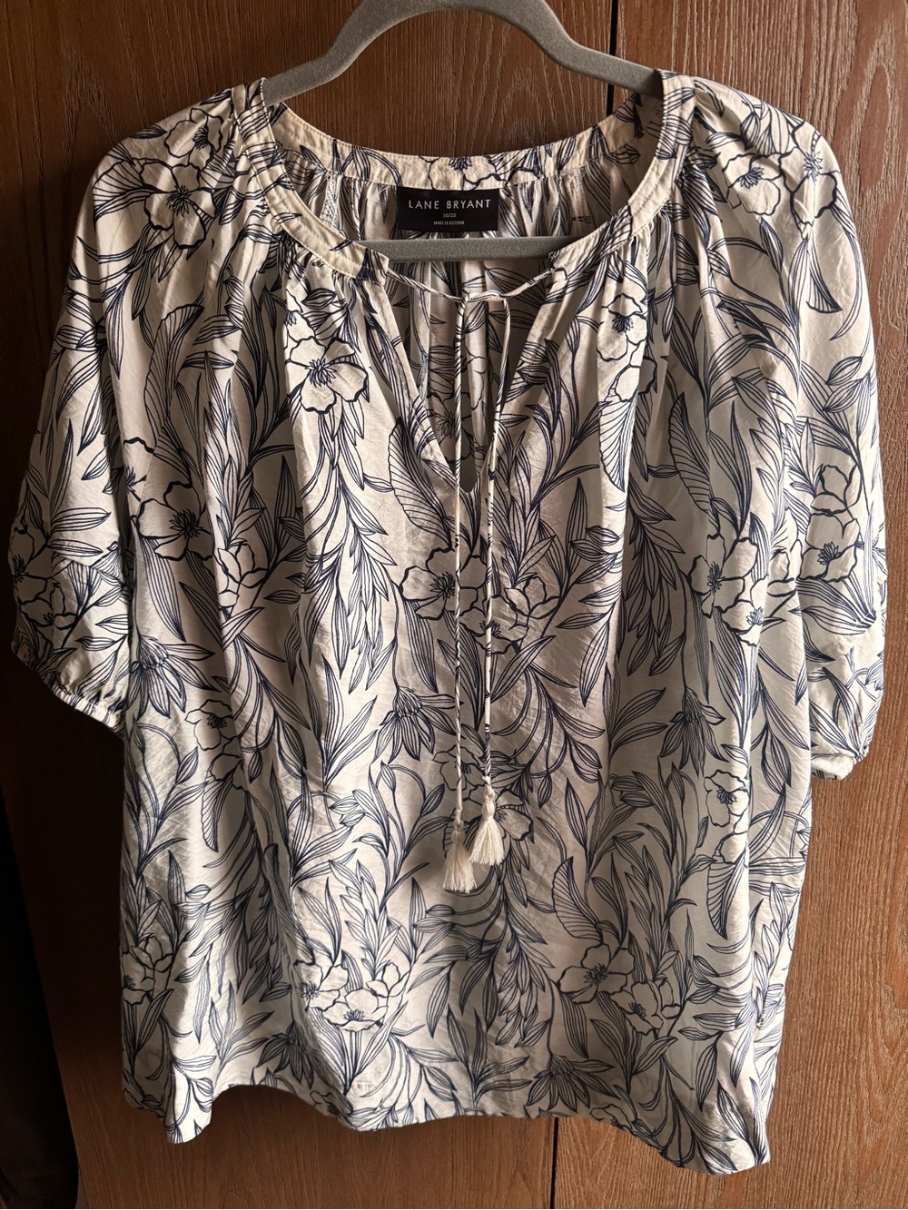 Lane Bryant Cream Top with Navy Floral Print and Tassel Tie